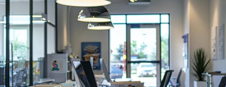 a modern office space displays a desktop cluttered with moving company brochures and a laptop screen showcasing online reviews, illuminated by bright overhead lighting that emphasizes the urgency and importance of finding reliable movers in frederick, md.