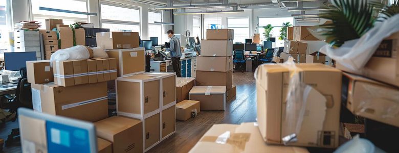 a bustling office environment showcases professional movers efficiently packing and loading boxes into a truck, emphasizing their expertise in residential and commercial relocation services.