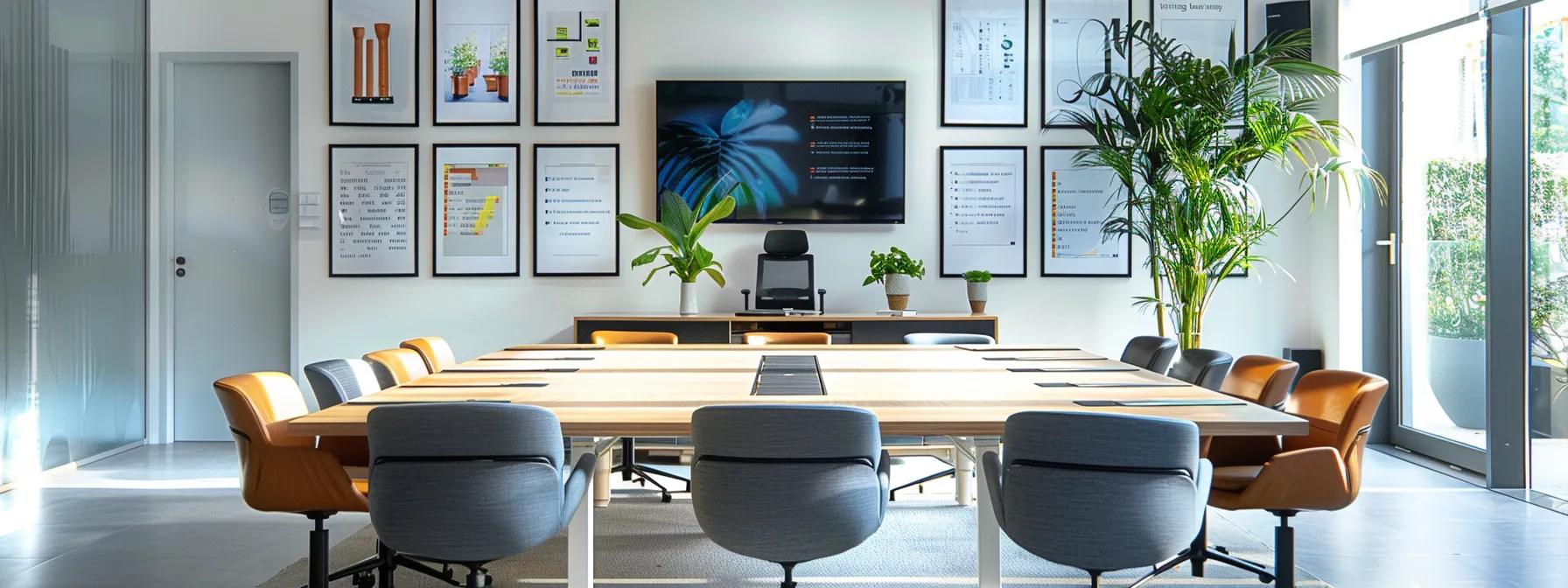 a modern, well-organized office space showcases a professional moving company meeting, with sleek furniture, a large table covered in detailed moving plans, and a backdrop of motivational success stories framed on the walls.