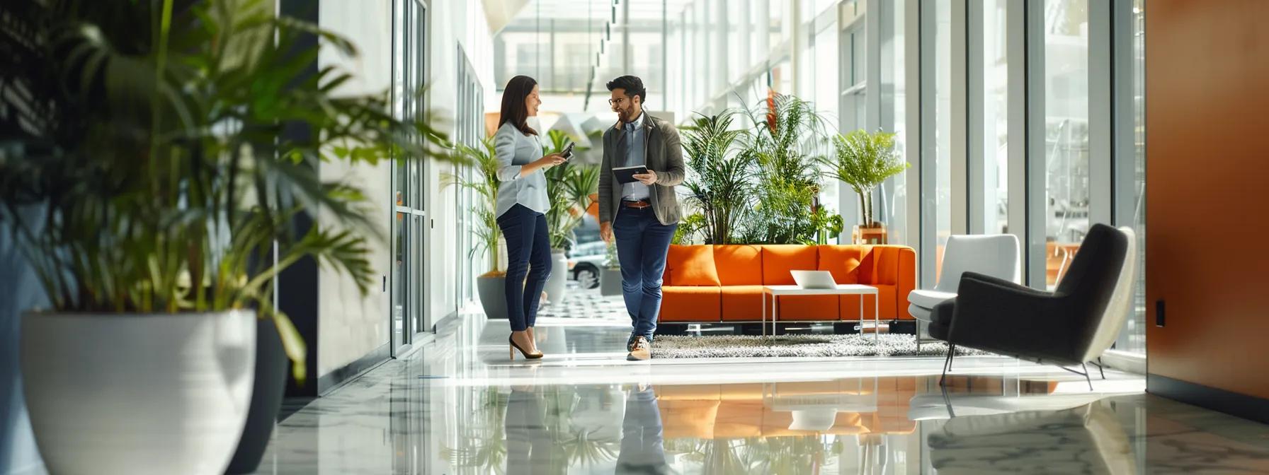 a sleek, modern office environment showcases a professional moving consultant engaging with a client, highlighted by cutting-edge technology like tablets displaying virtual surveys and inventory tracking systems, all encapsulating the essence of reliable and expert moving services.